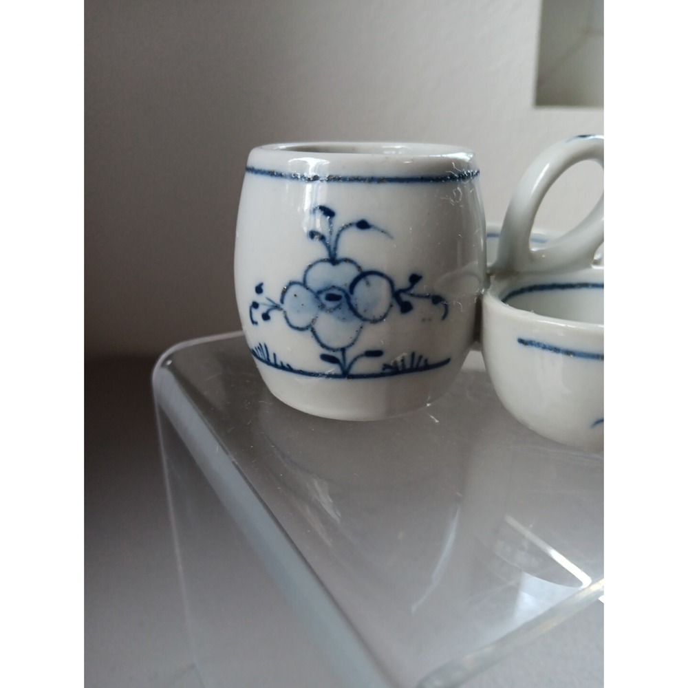 VTG German Blue White Porcelain Condiments Server Trio Handle Delft Style Floral - Picture 6 of 9